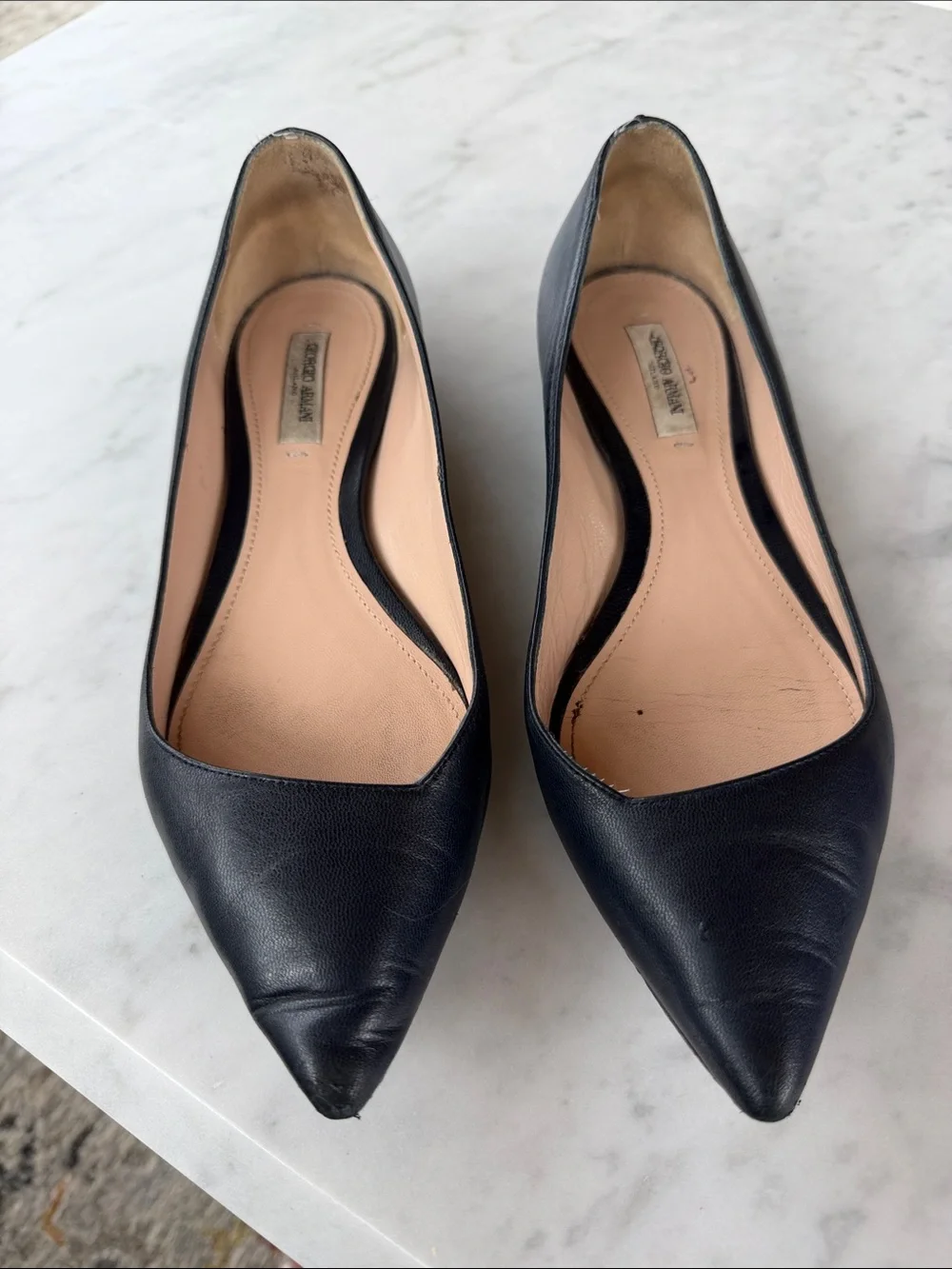 Giorgio Armani Pointed Toe Leather Flats in Black